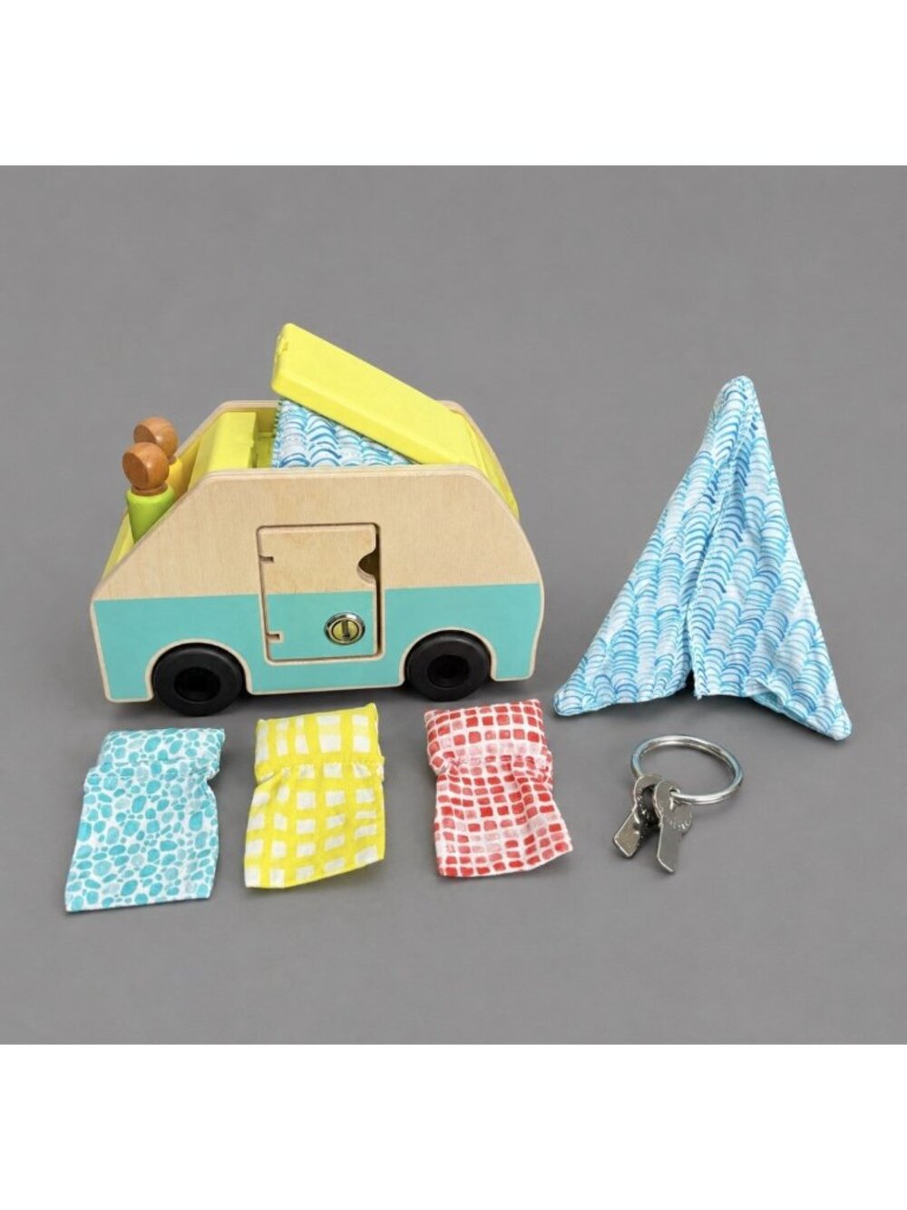 LOVEVERY Wooden Camper Van Playset with 2 Wooden People Figures Teepee & Keys